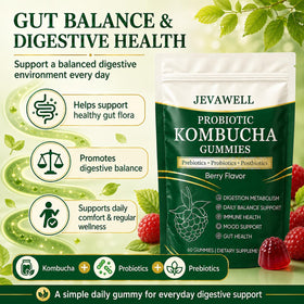 Gummies Kombucha VivaMelhor, avec des fruits frais en arrière-plan