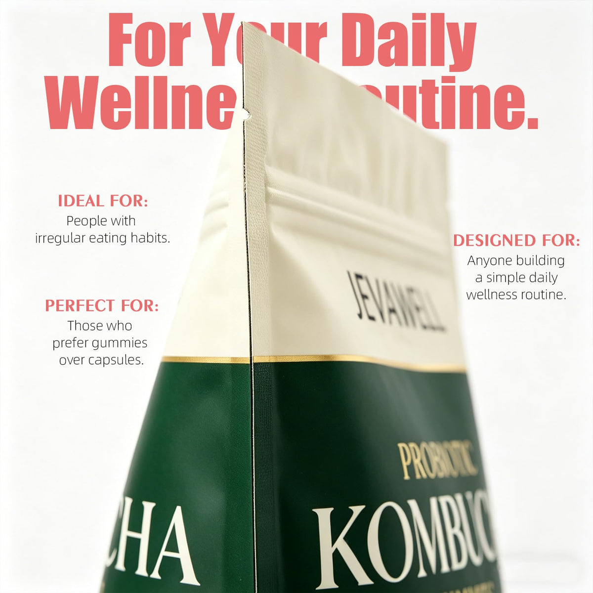Gummies Kombucha WUJECT sur une table, ambiance naturelle