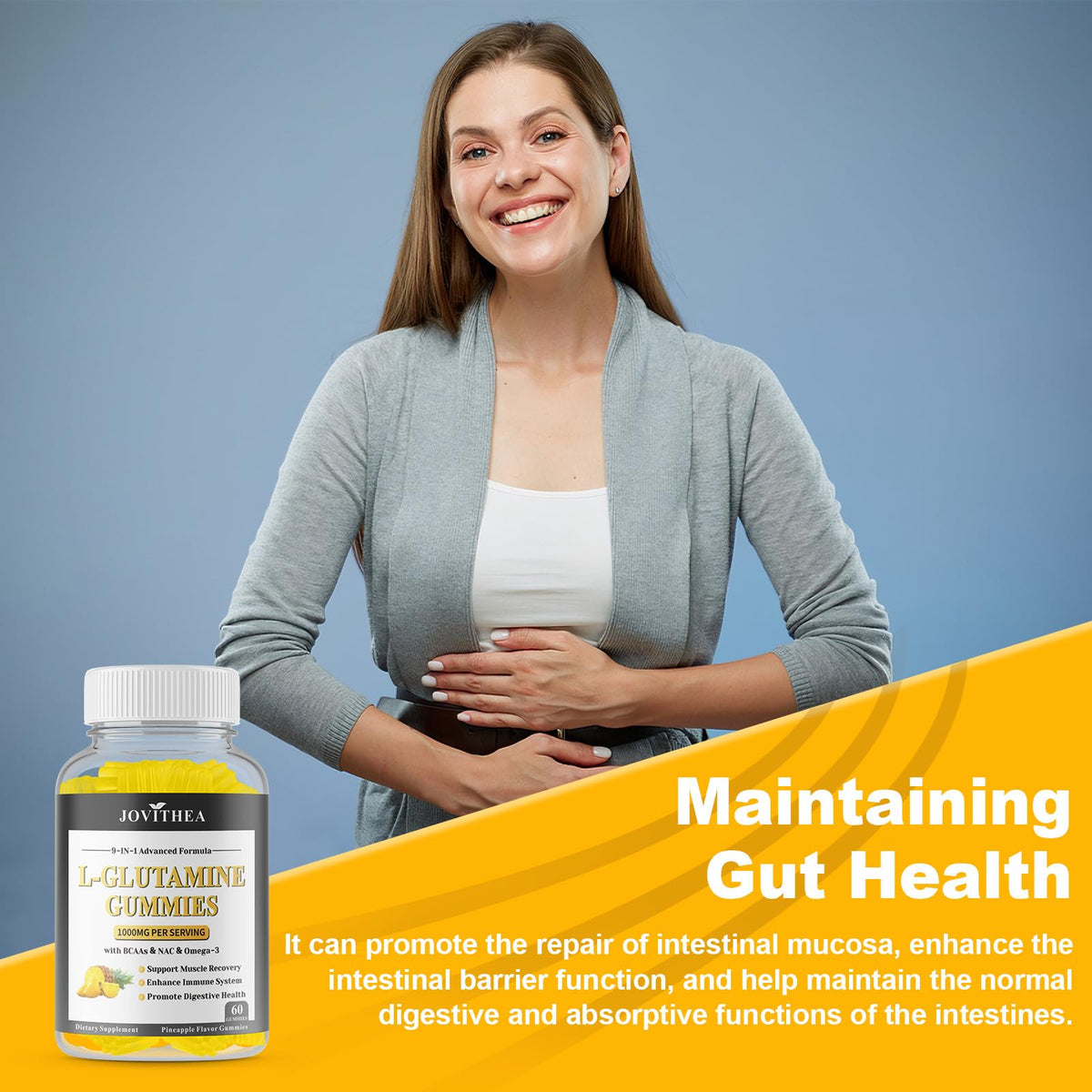 Gummies L-Glutamine JOVITHEA, pot ouvert avec gummies visibles