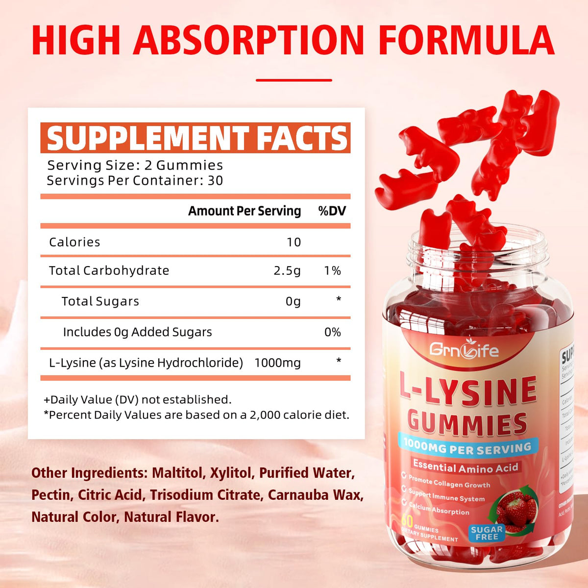 Gummies L-Lysine 1000mg GrnLife sur un fond blanc