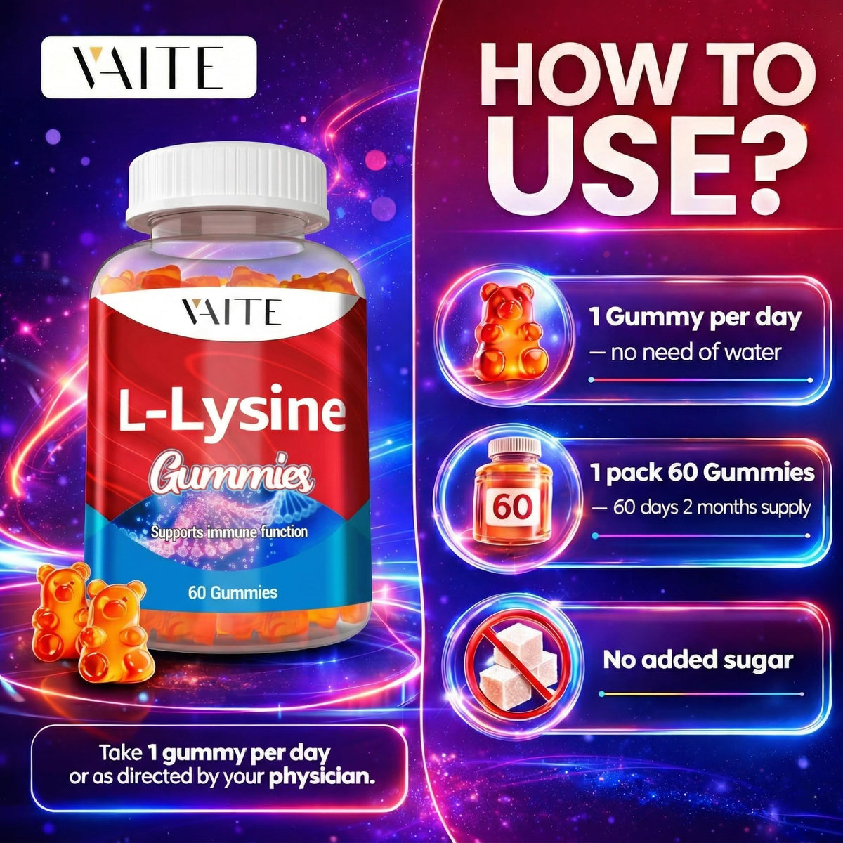 Gummies L-Lysine 1000mg VAITE, pot ouvert avec gummies visibles