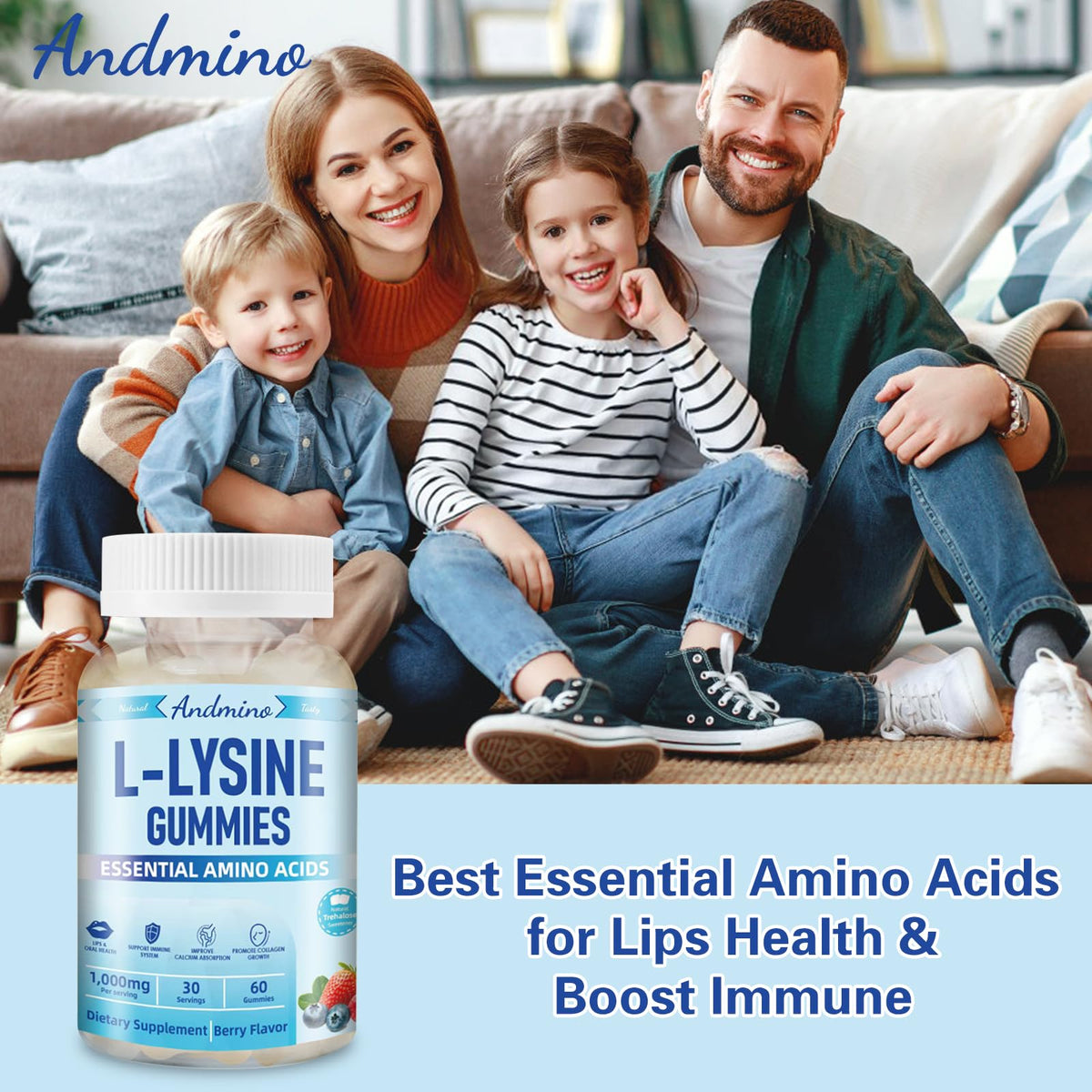 Gummies L-Lysine andmino avec un verre d'eau