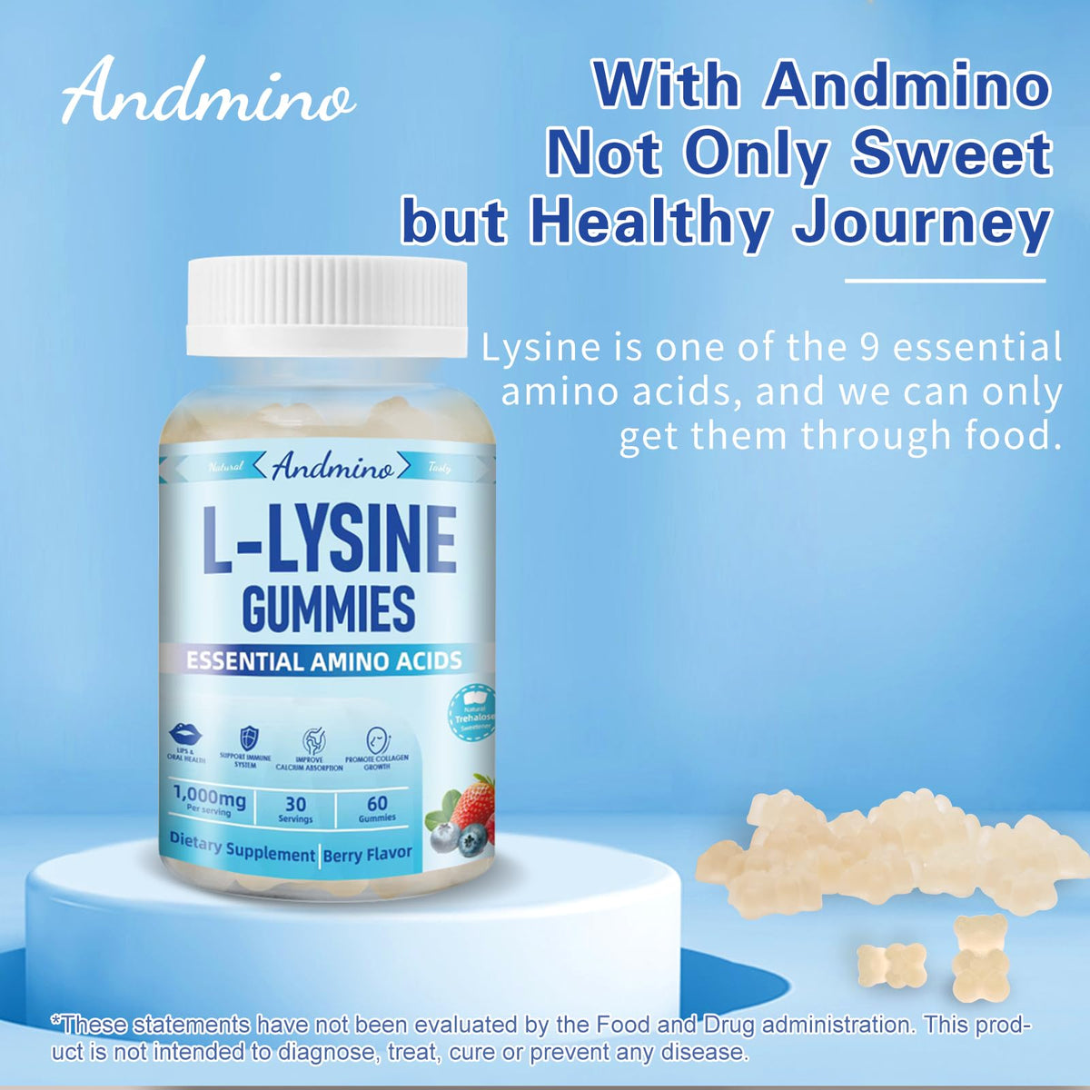 Gummies L-Lysine andmino, présentation avec fruits