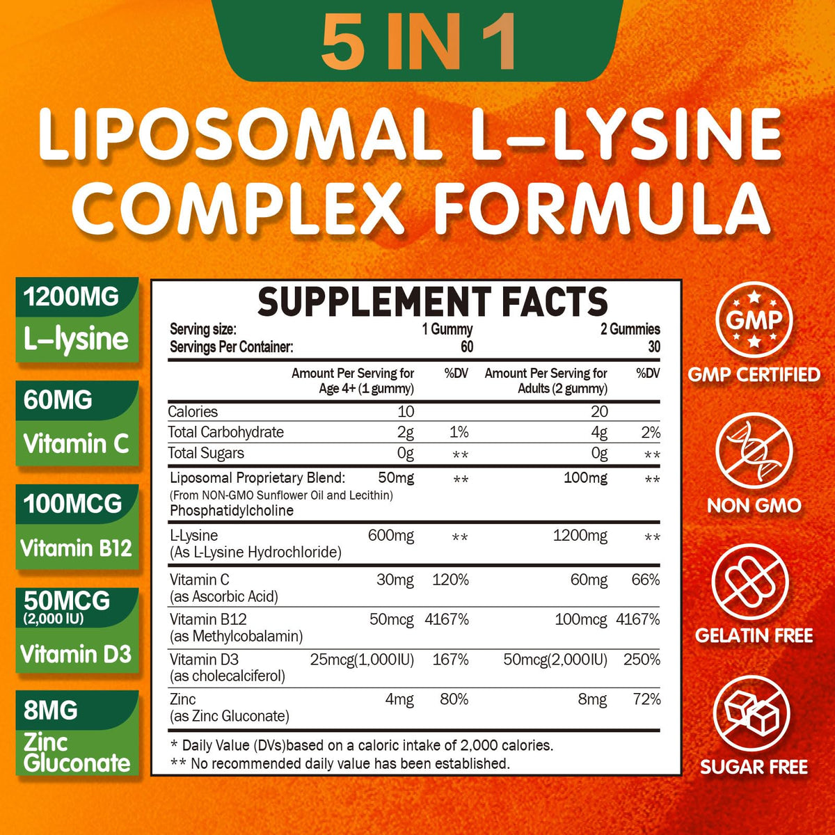 Gummies L-Lysine Geeoasis 1200mg, 60 unités, vue de l'arrière de l'emballage