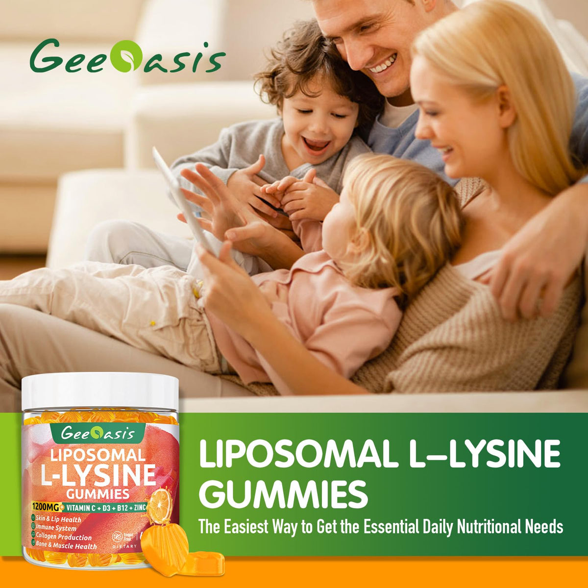 Gummies L-Lysine Geeoasis, étiquette avec informations nutritionnelles