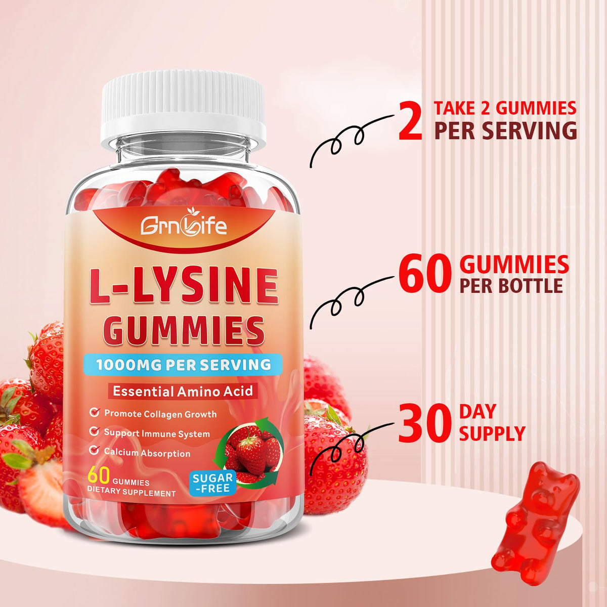 Gummies L-Lysine GrnLife sur une table en bois