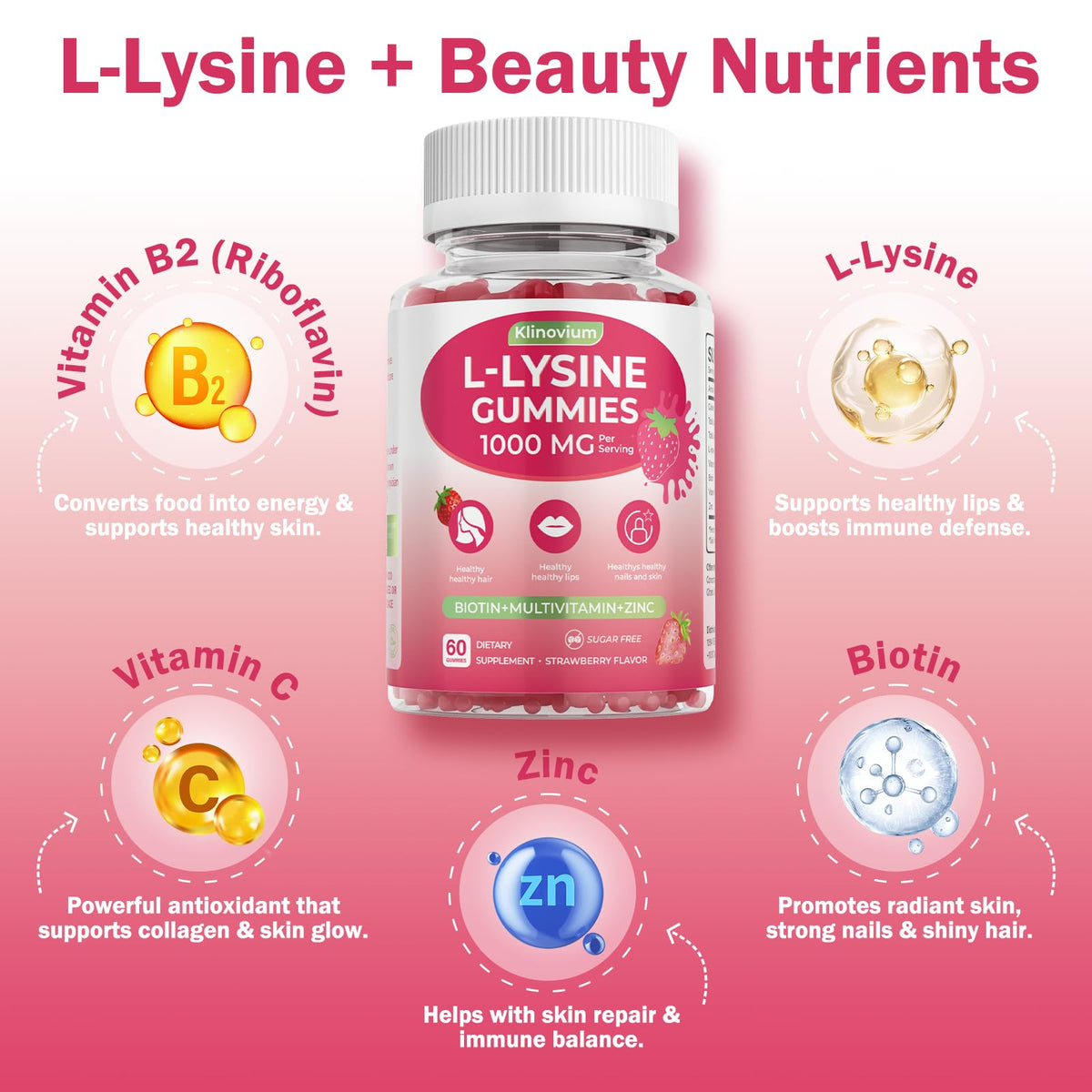 Gummies L-Lysine Klinovium montrant les ingrédients actifs