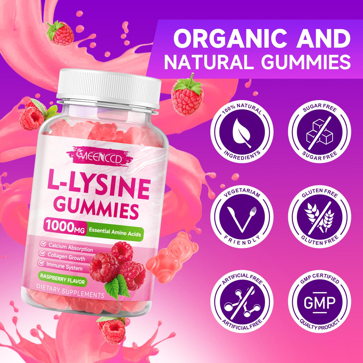 Gummies L-Lysine MEENCCD 1000mg en gros plan
