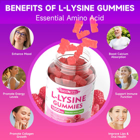 Gummies L-Lysine MEENCCD à côté d'une main tenant deux gummies