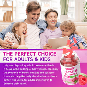 Gummies L-Lysine MEENCCD sur une table avec des fruits