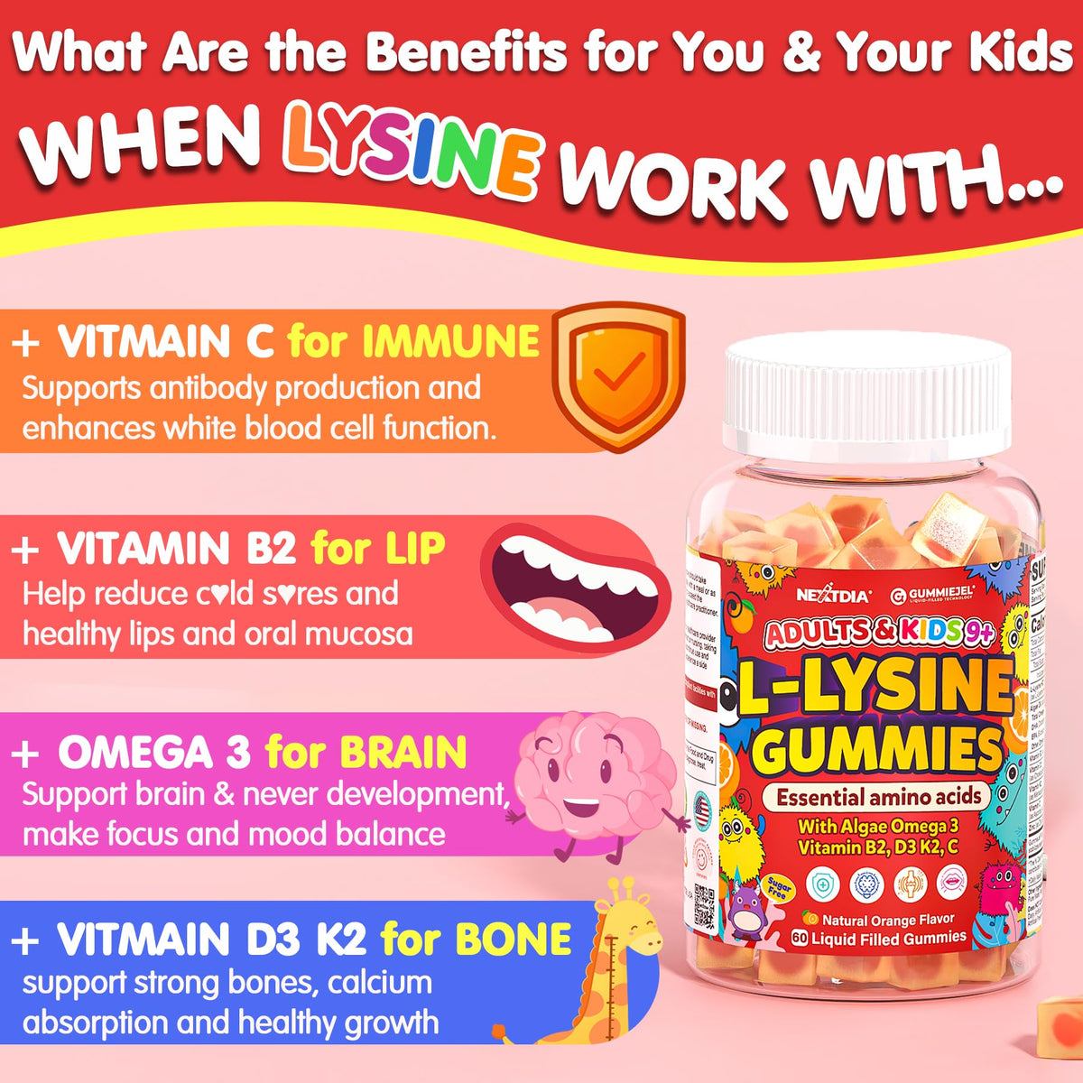Gummies L-Lysine Nextdia sur une table en bois