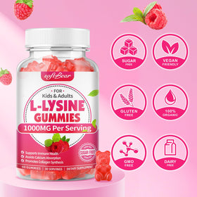 Gummies L-Lysine softbear ouvertes avec quelques gummies à l'extérieur