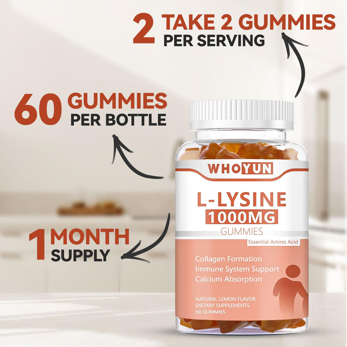 Gummies L-Lysine Whoyun, avec un verre d'eau