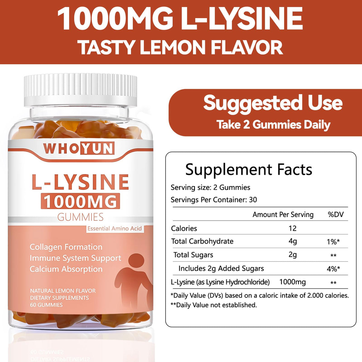 Gummies L-Lysine Whoyun, emballage avec 120 pièces