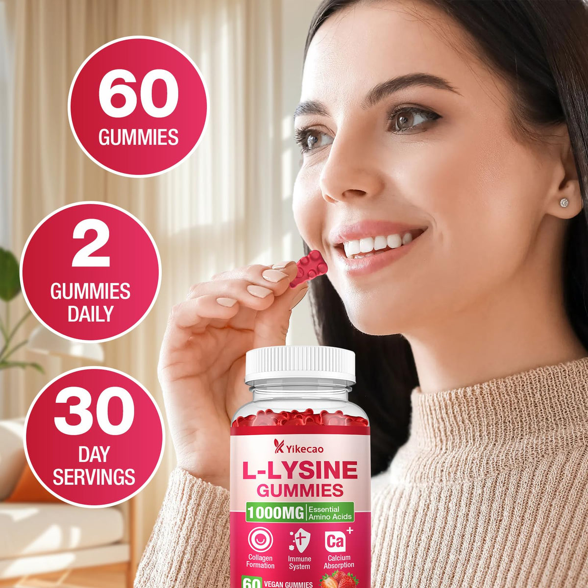 Gummies L-Lysine Yikecao avec des fraises fraîches en arrière-plan