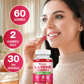 Gummies L-Lysine Yikecao avec des fraises fraîches en arrière-plan