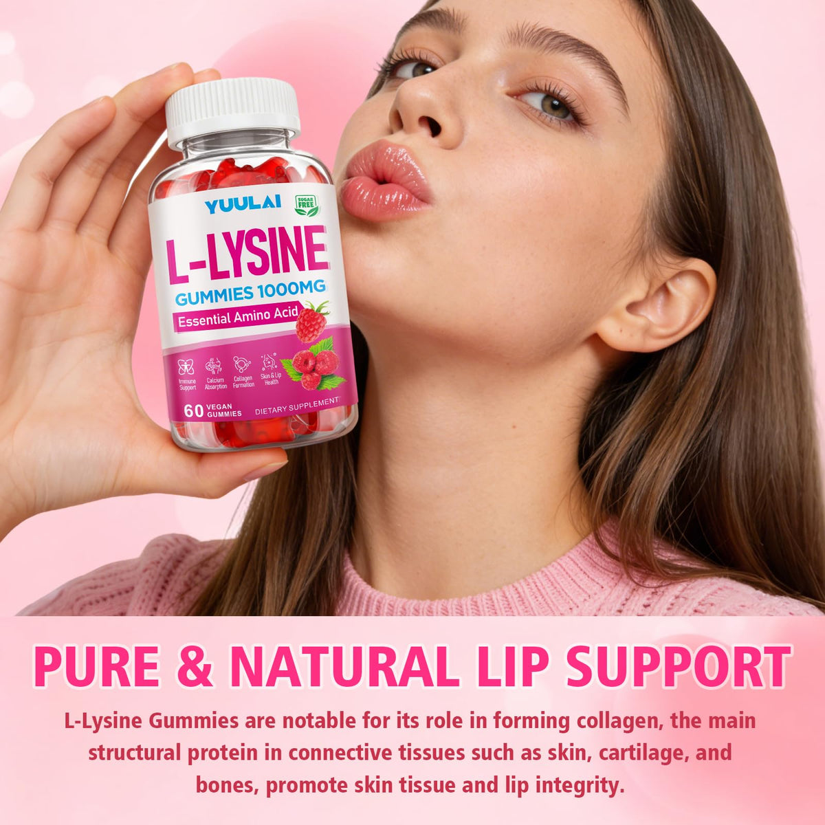 Gummies L-Lysine YUULAI, portion de 2 gummies sur une table