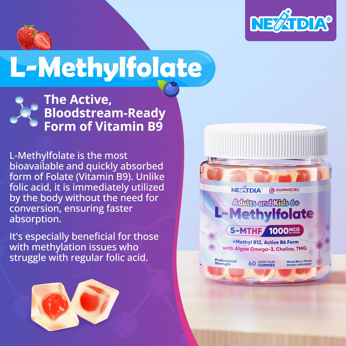 Gummies L-Méthylfolate 1000mcg Nextdia sur fond blanc