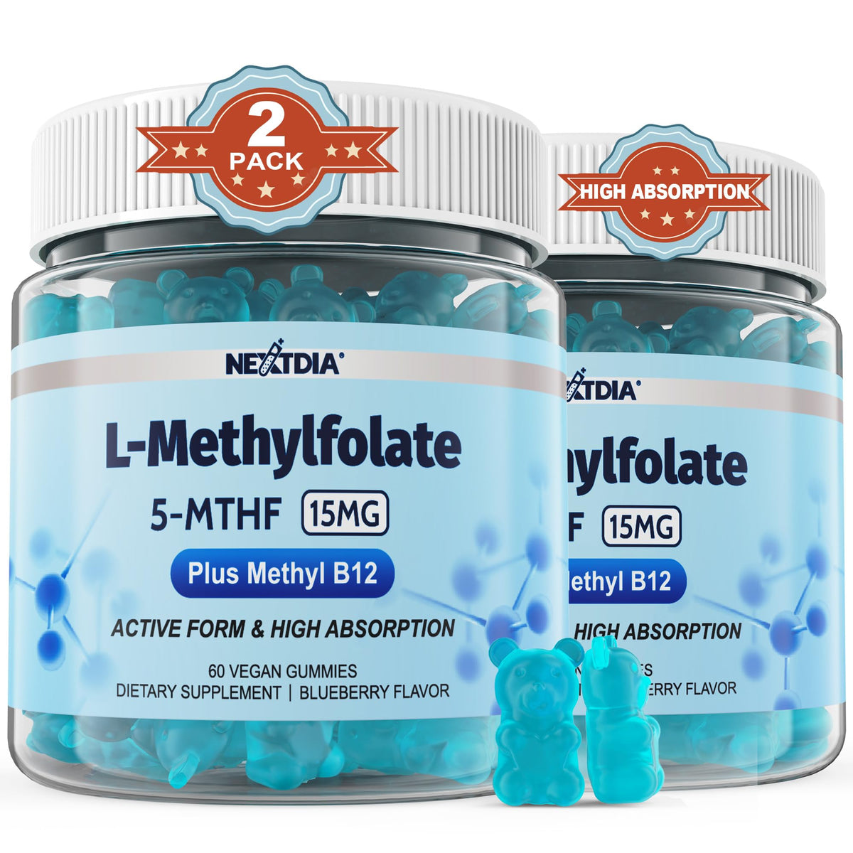 Gummies L-Méthylfolate 15mg de Nextdia en vue de face avec emballage