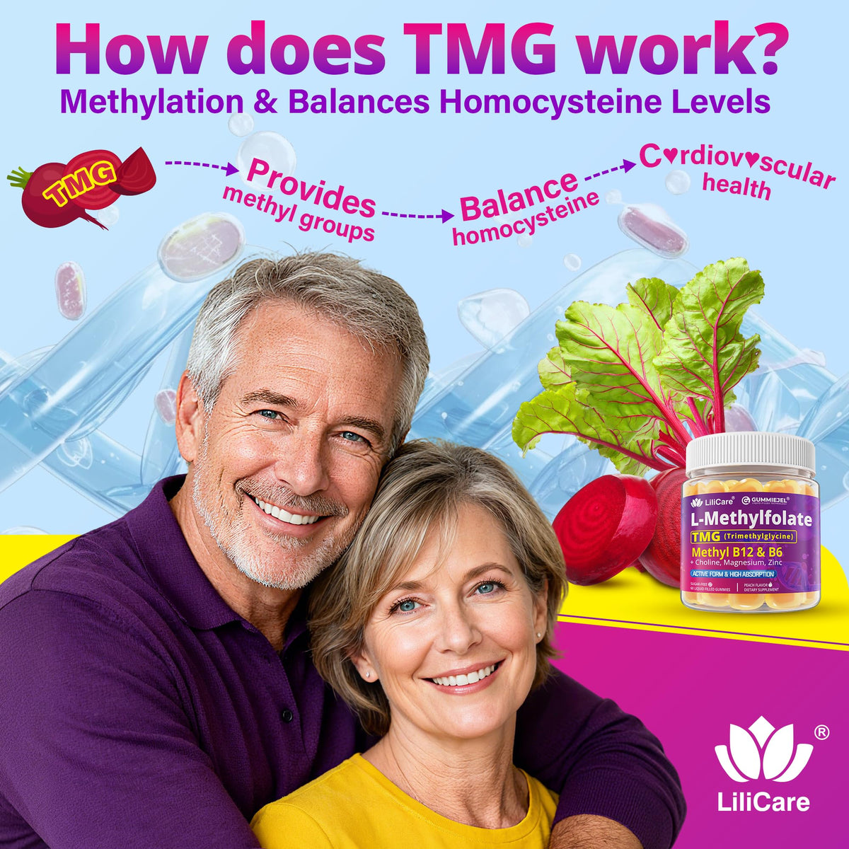 Gummies L-Méthylfolate 15mg et B12 1000 mcg sur une table en bois