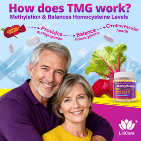 Gummies L-Méthylfolate 15mg et B12 1000 mcg sur une table en bois