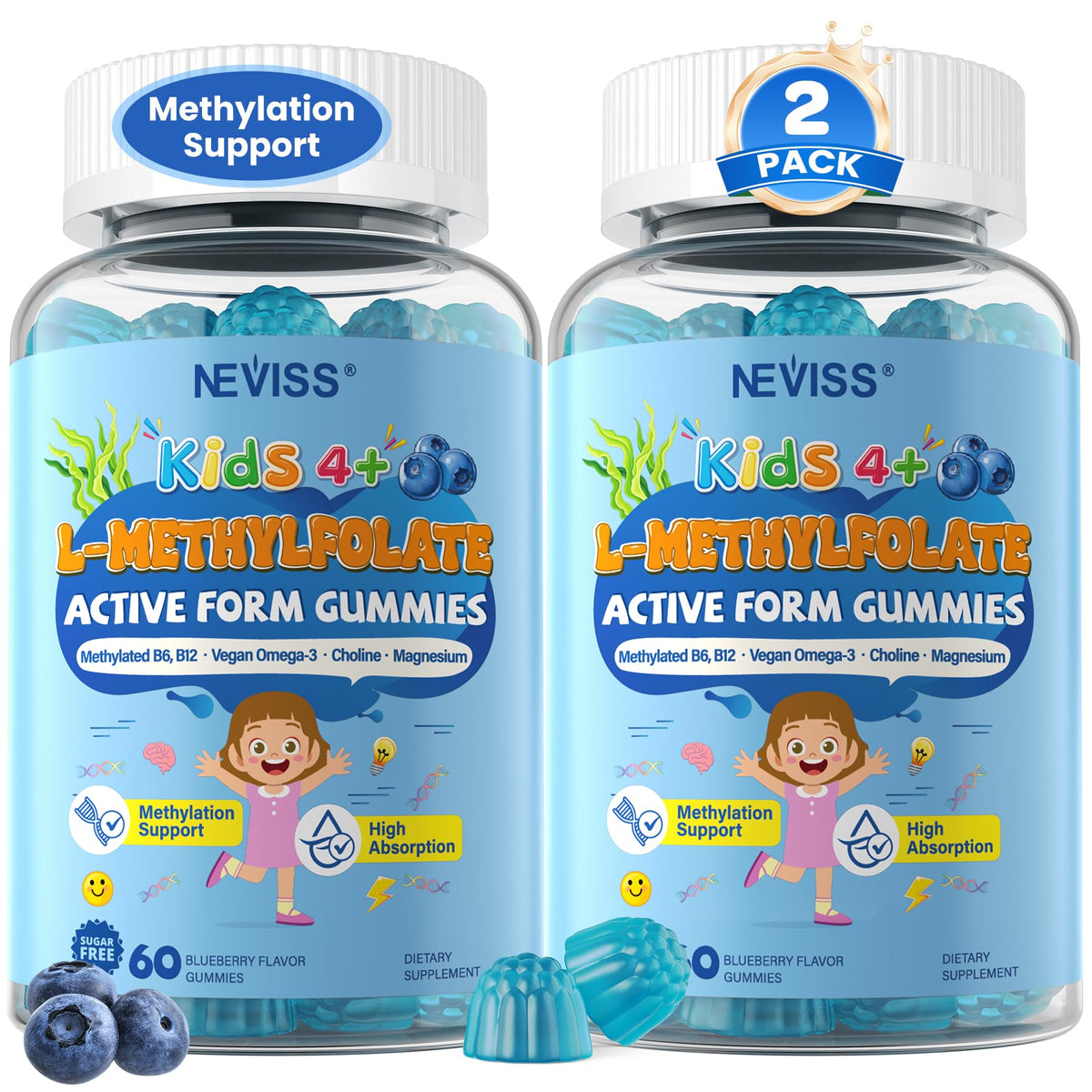 Gummies L Methylfolate NEVISS au goût de myrtille, vue de face