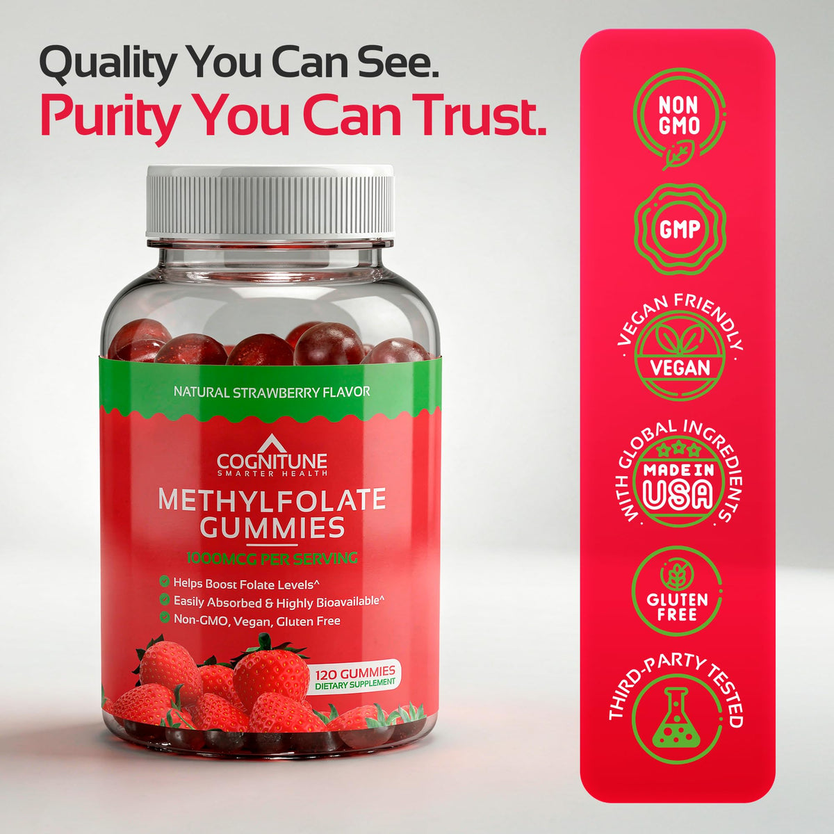 Gummies L-Méthylfolate sur une table avec des fruits