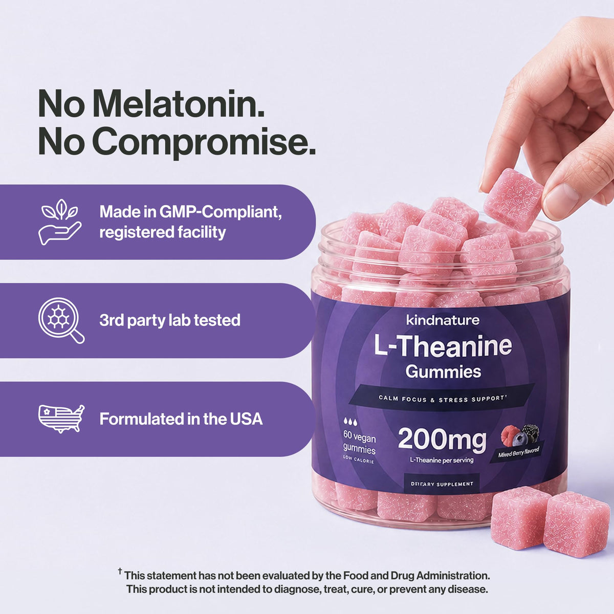 Gummies L-Theanine 200mg kindnature, affichage des gummies dans un bol