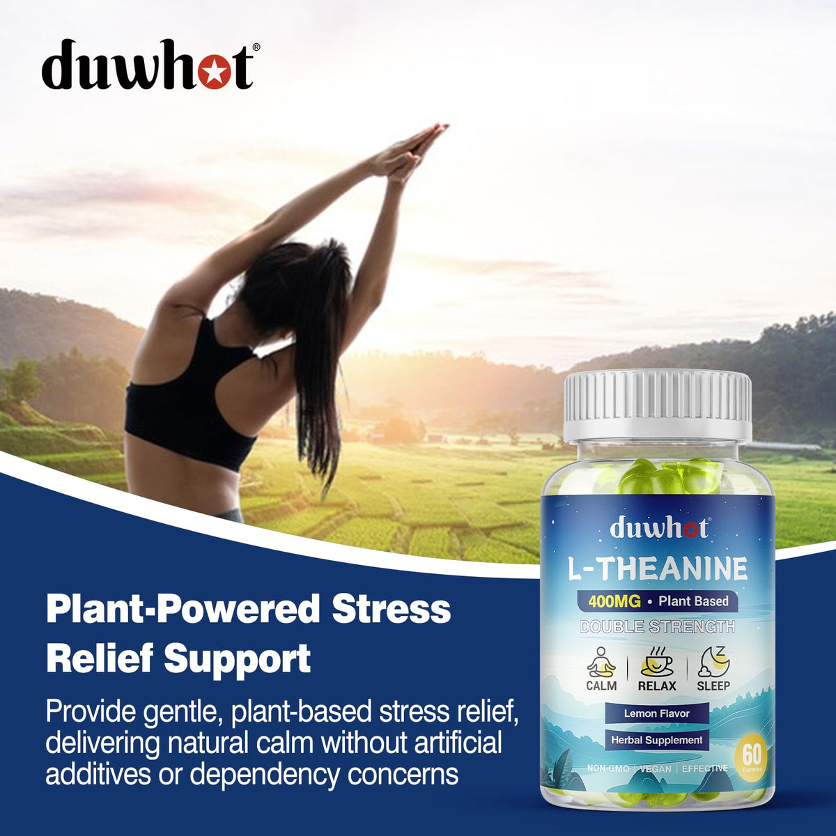 Gummies L-Theanine 400mg duwhot, présentation avec fruits