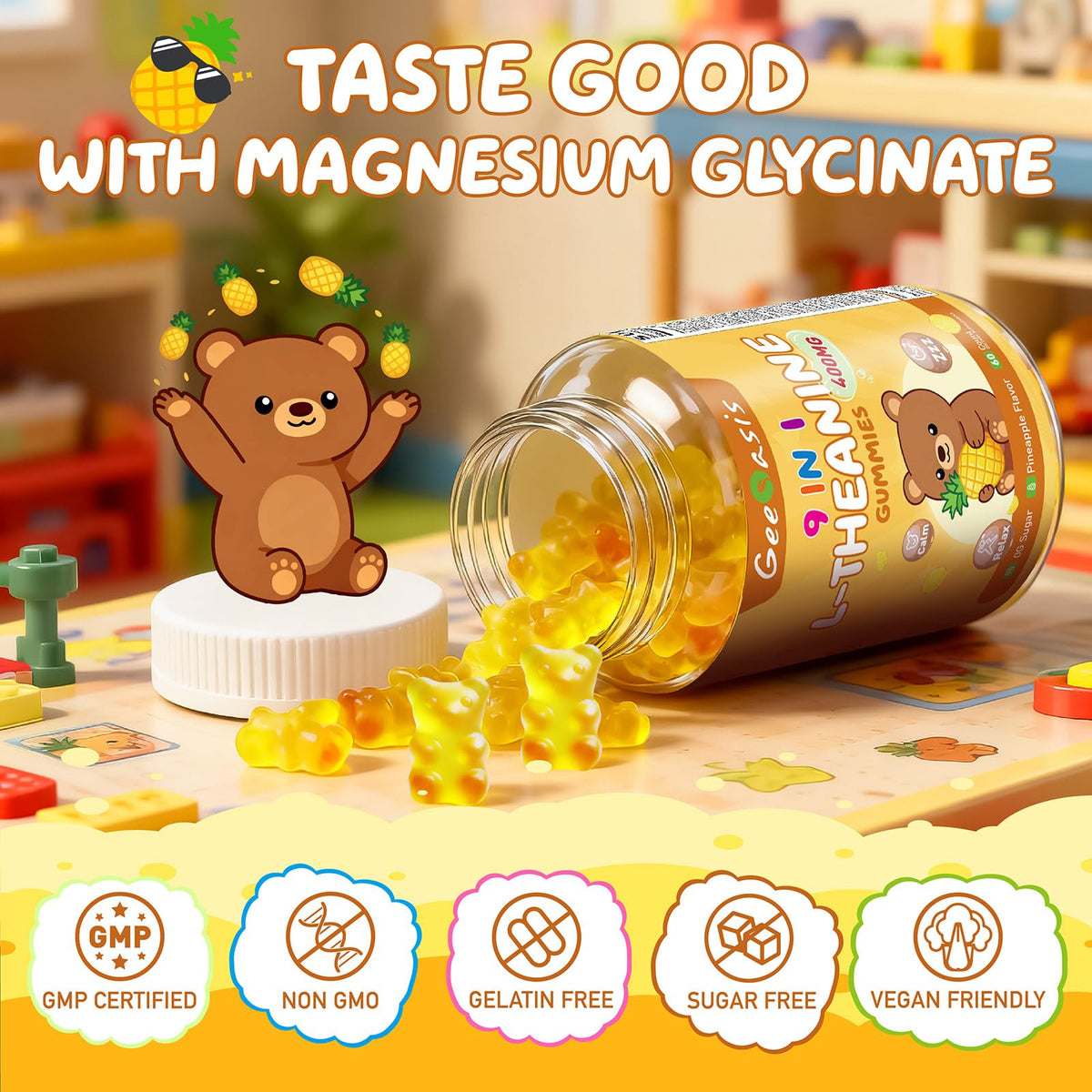 Gummies L-Theanine de Geeoasis, mise en scène avec des fruits