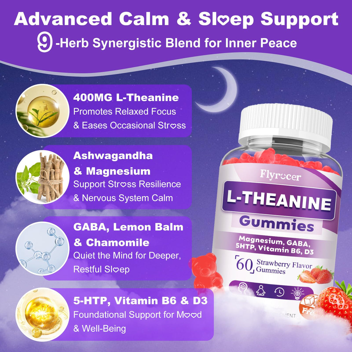 Gummies L-Theanine Flyrocer sur fond blanc
