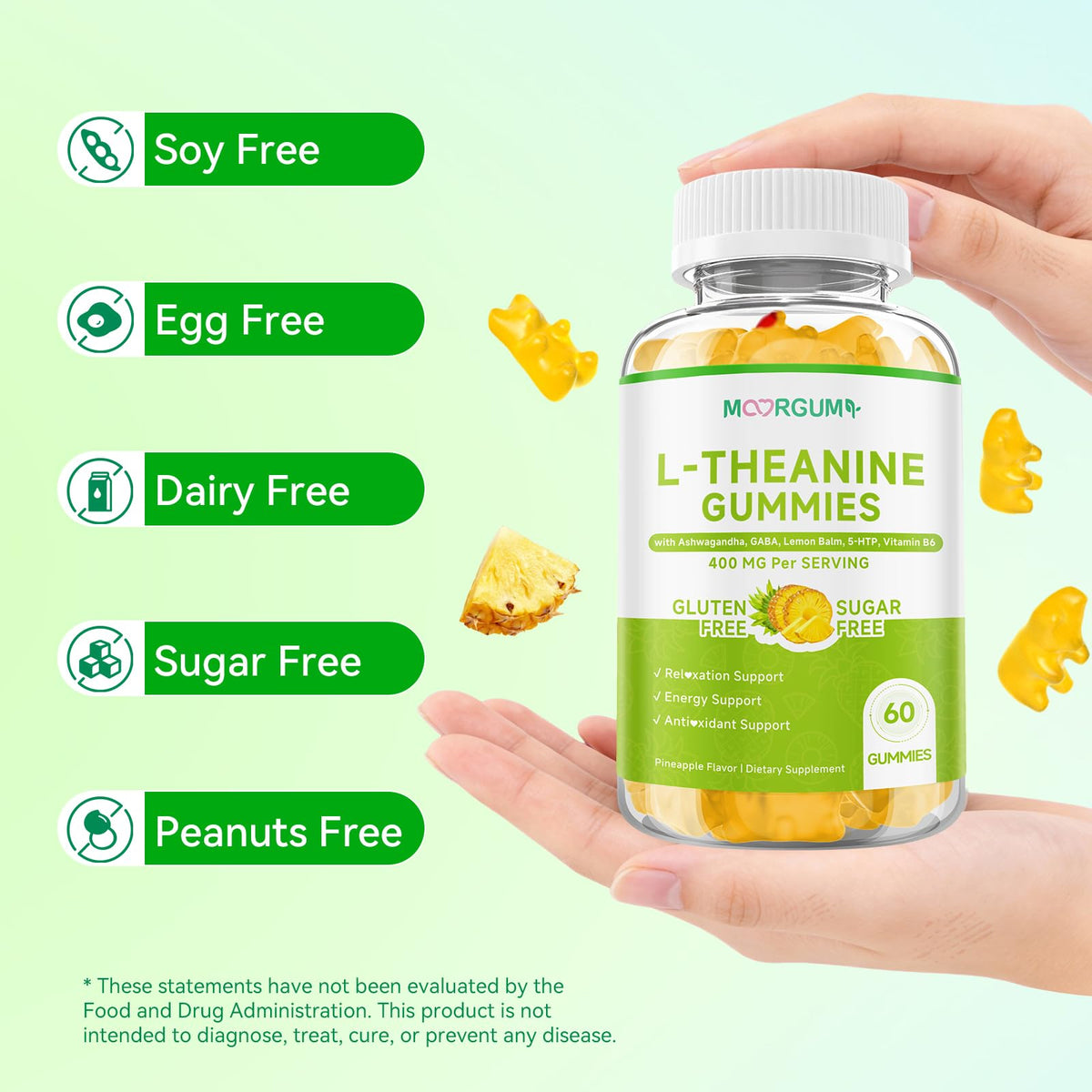 Gummies L-Théanine MOORGUMY, présentation lifestyle avec fruits