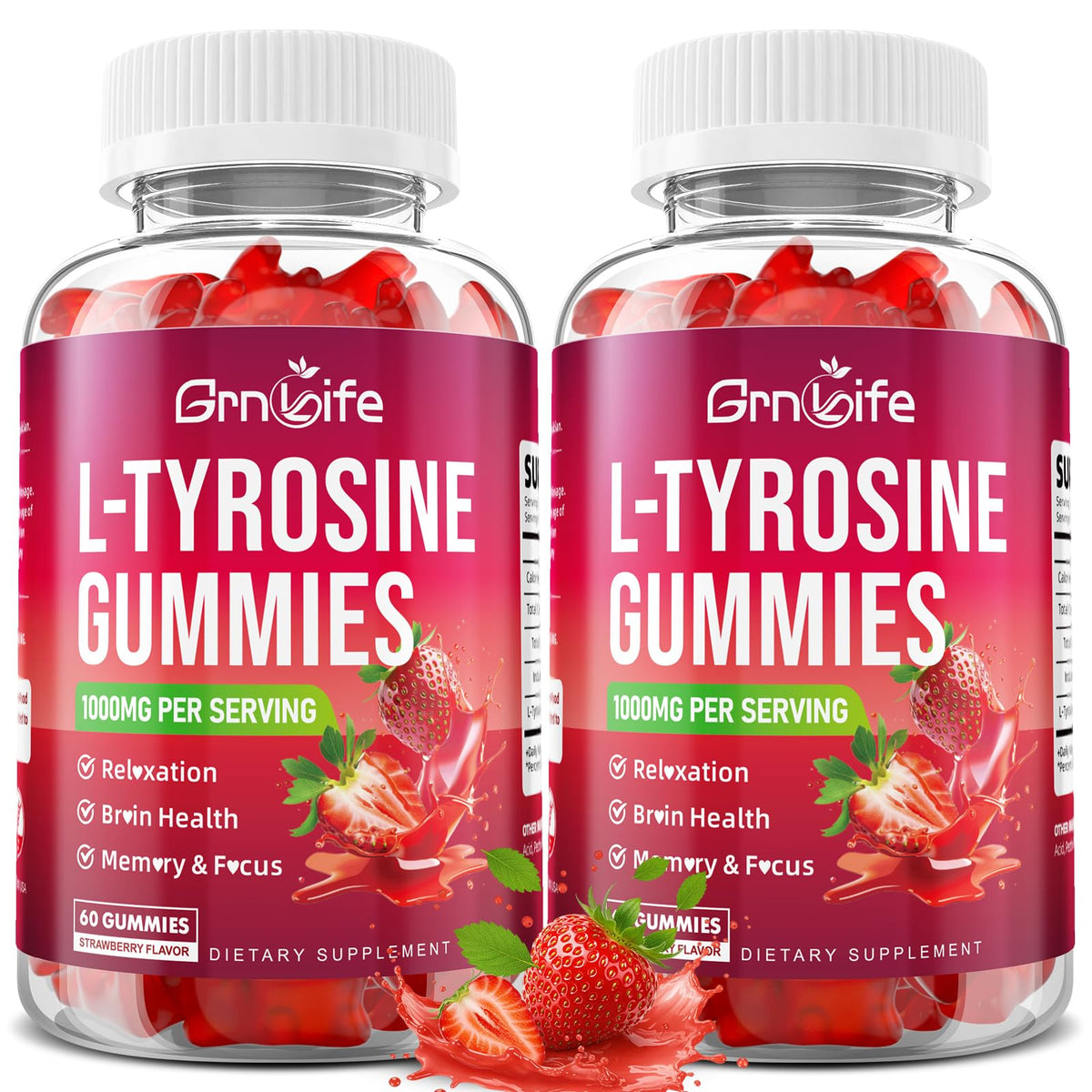 Gummies L-Tyrosine GrnLife 1000mg, 120 compotes au goût fraise