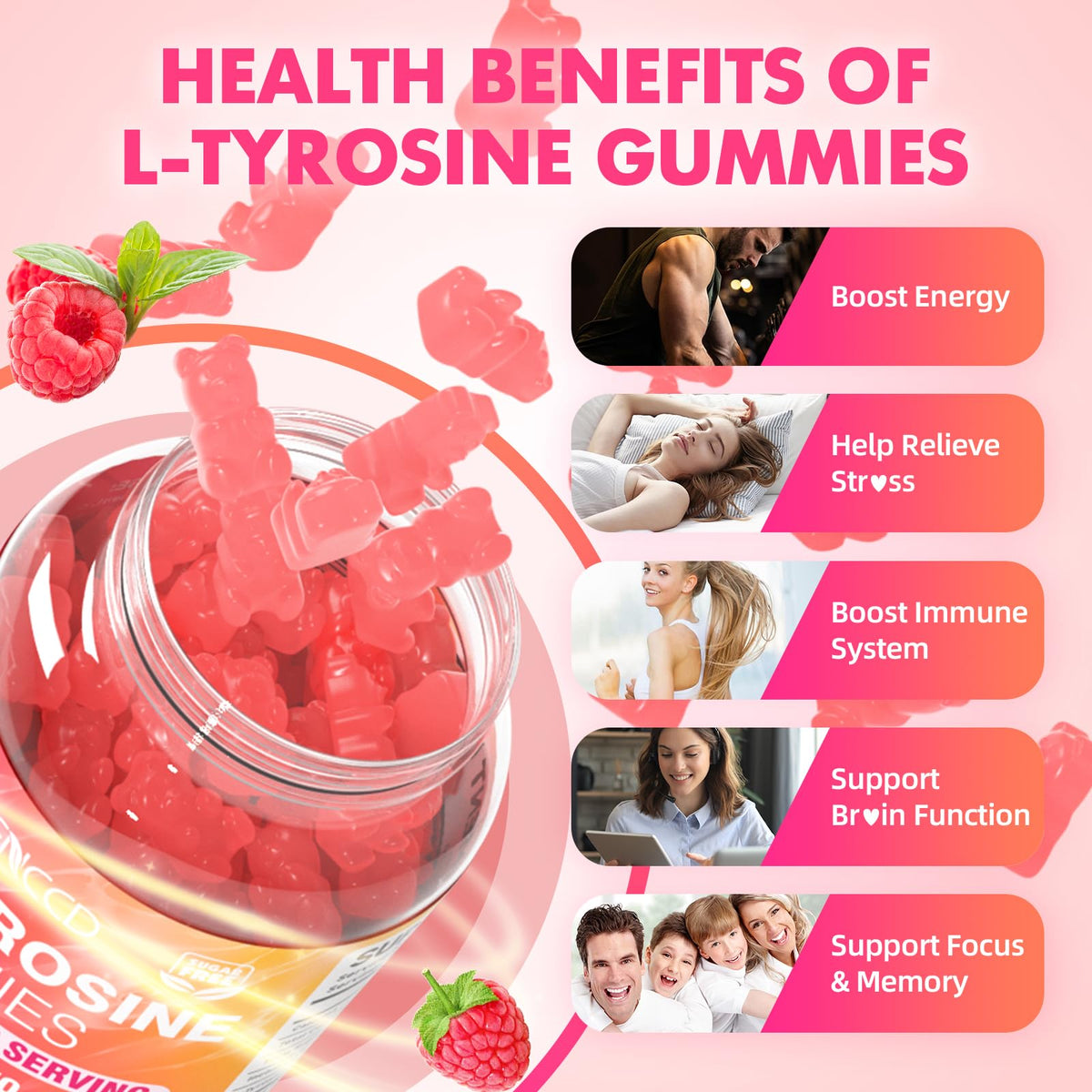 Gummies L-Tyrosine MEENCCD avec une poignée de framboises fraîches