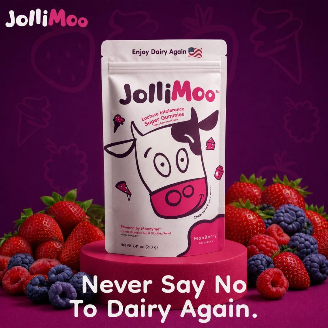 Gummies lactase JolliMoo avec ingrédients naturels, sur un fond blanc