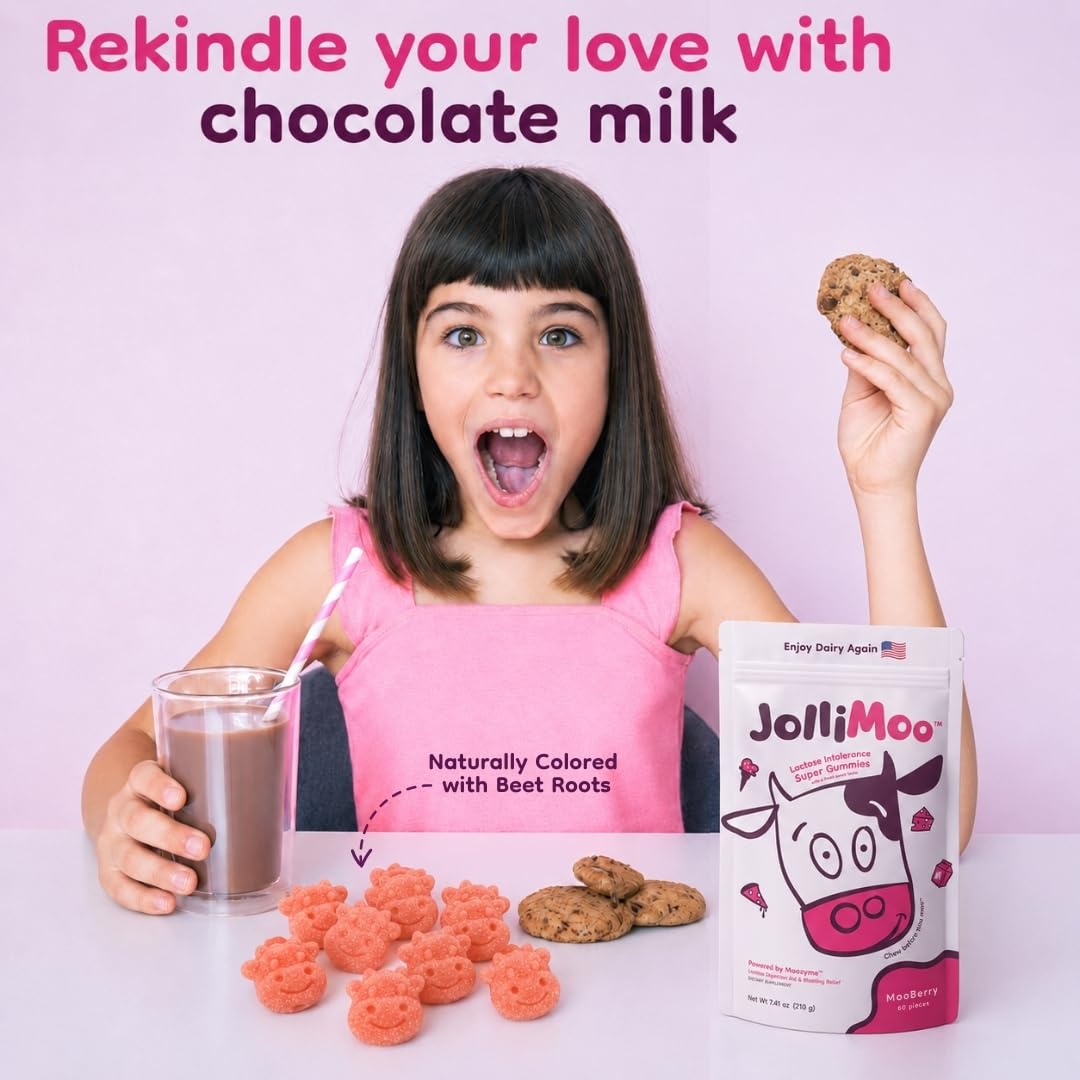 Gummies lactase JolliMoo, étiquette du produit avec informations nutritionnelles