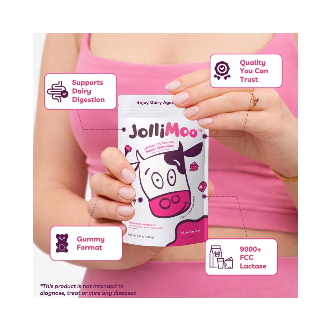 Gummies lactase JolliMoo, pot de 60 gummies sur une surface en bois