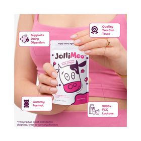 Gummies lactase JolliMoo, pot de 60 gummies sur une surface en bois