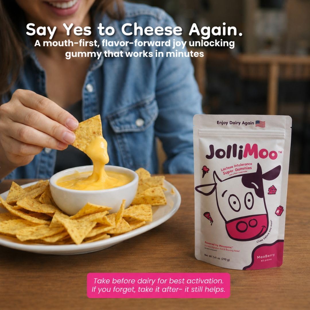Gummies lactase JolliMoo, présentation sur une table avec des produits laitiers