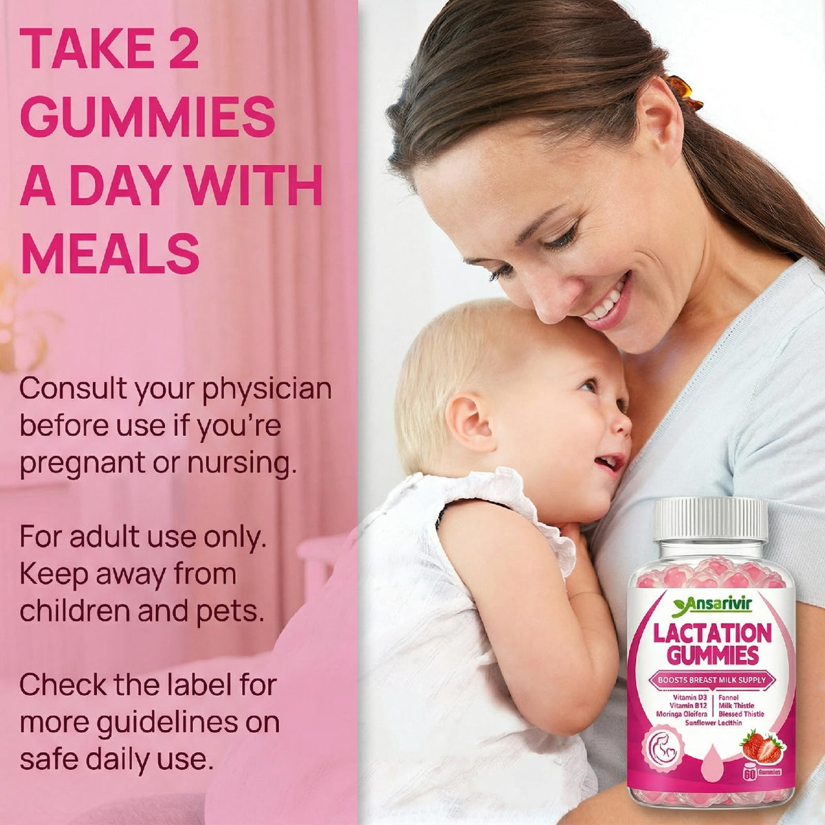 Gummies lactation Ansarivir 60 gummies fraise - visage d'une maman heureuse