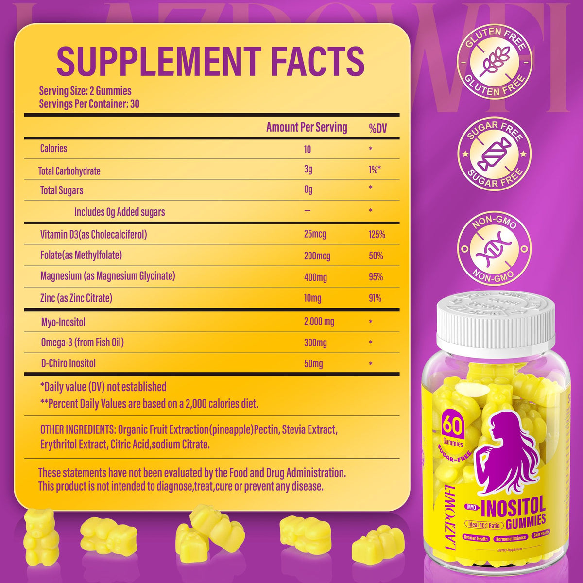 Gummies Lazpowfi à l'Inositol sur une surface en bois