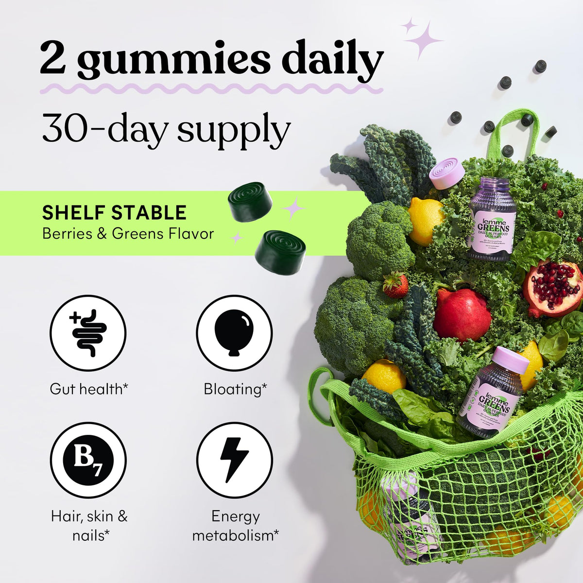 Gummies Lemme Superfood dans une main, taille et texture