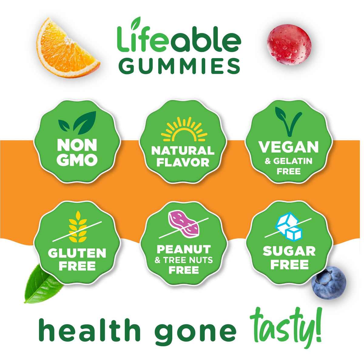 Gummies Lifeable sur une surface avec des fruits