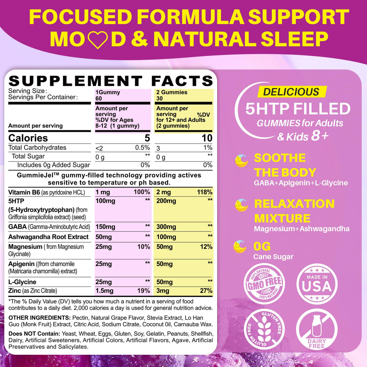 Gummies LILICARE 5HTP avec ingrédients naturels, vue de côté