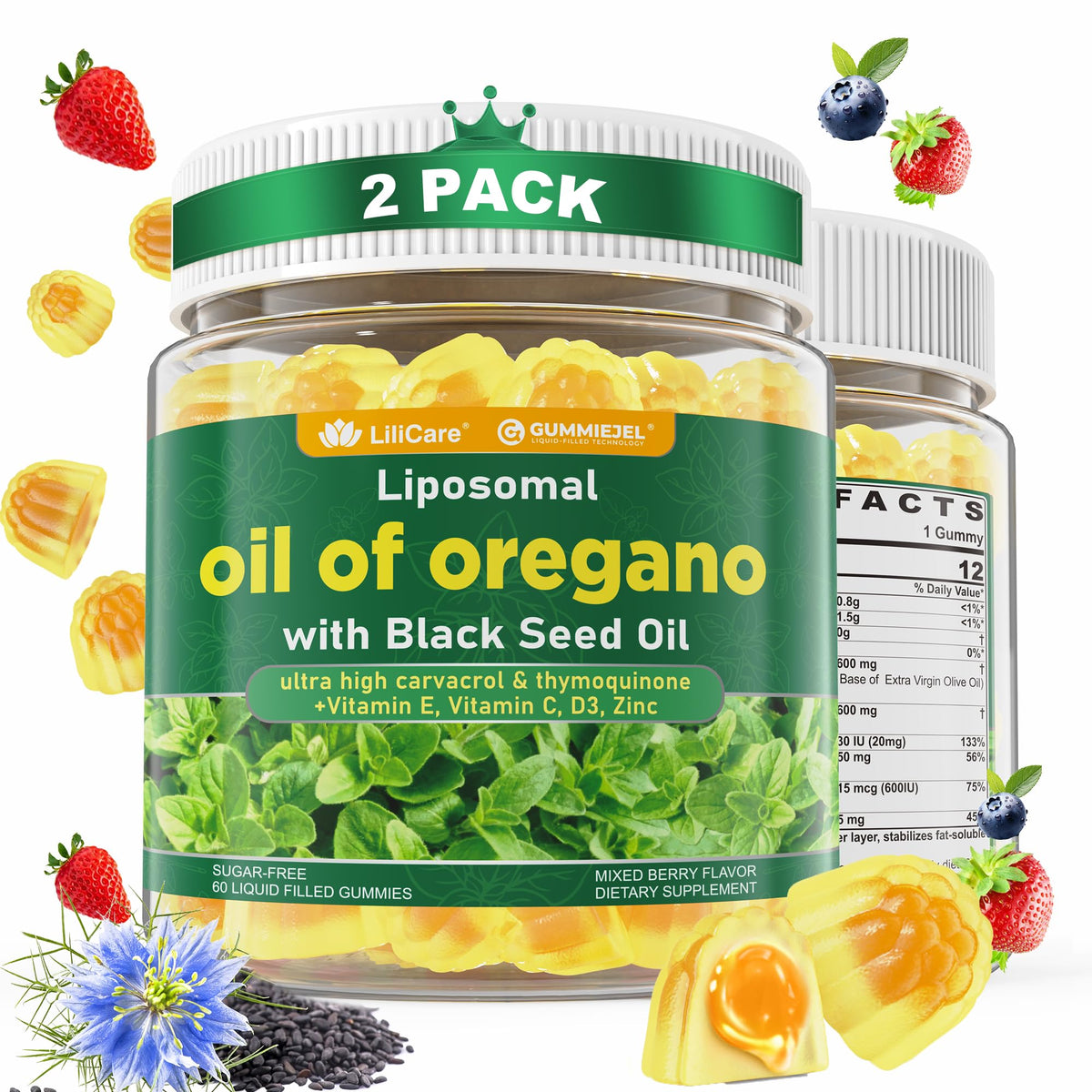 Gummies LILICARE à l'huile d'origan et graines noires, vue de face