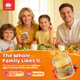 Gummies LILICARE à la Vitamine C sur une table avec des fruits