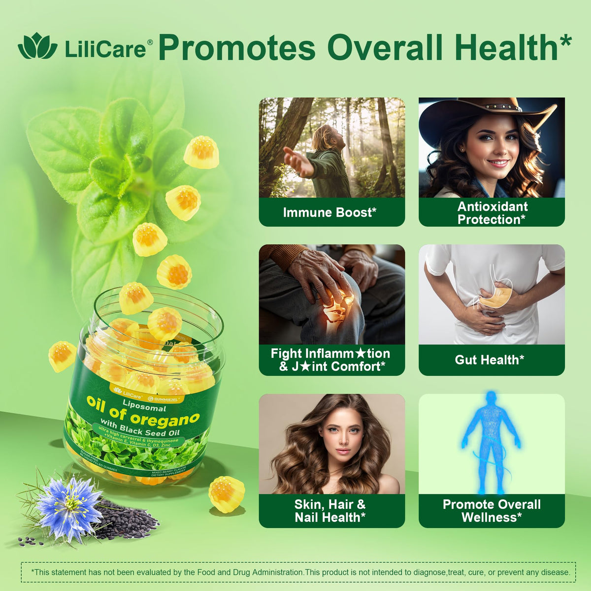 Gummies LILICARE avec un fond naturel, ambiance saine