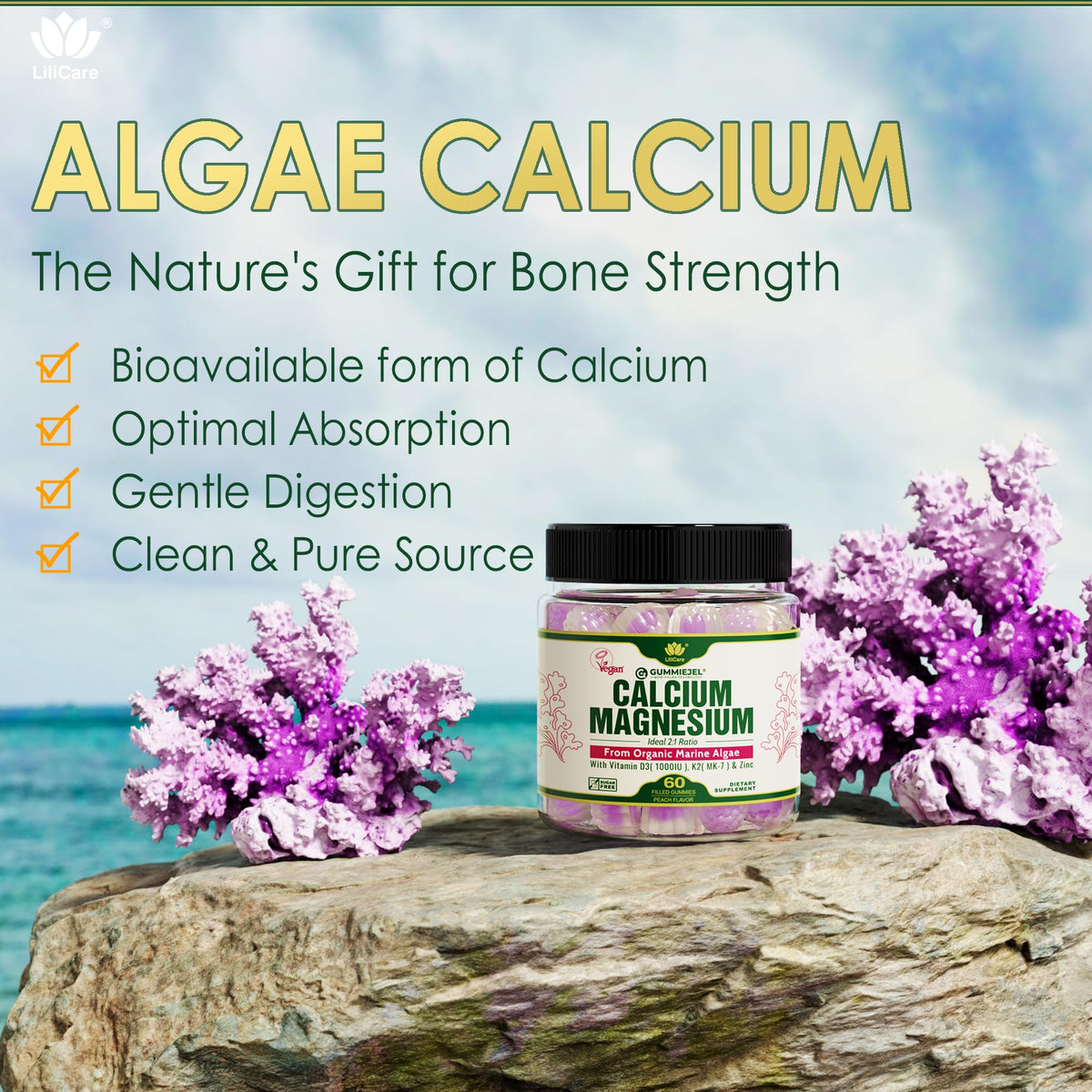 Gummies LILICARE Calcium d'algues sur une table
