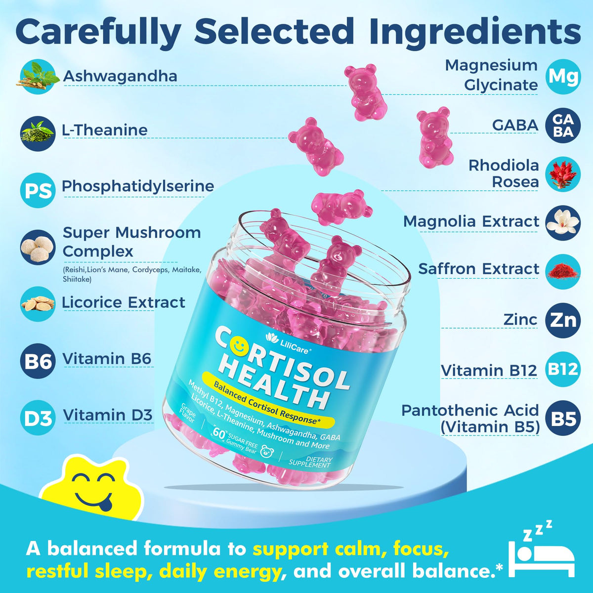 Gummies LILICARE Cortisol 15-en-1 avec des ingrédients sur la table