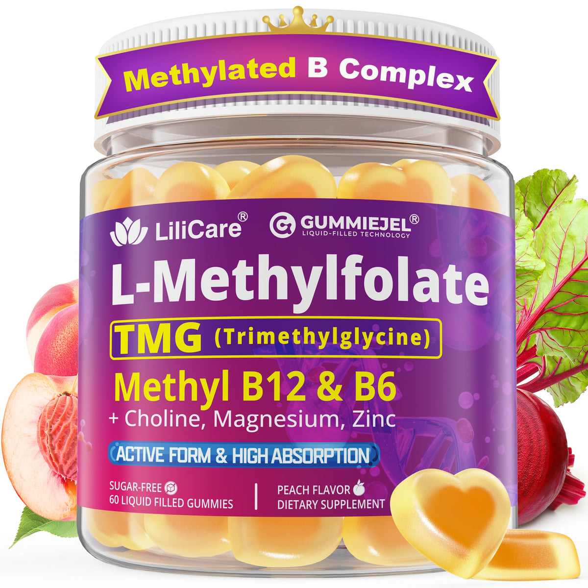 Gummies LILICARE L-Méthylfolate 15mg et B12 1000 mcg en vue de face